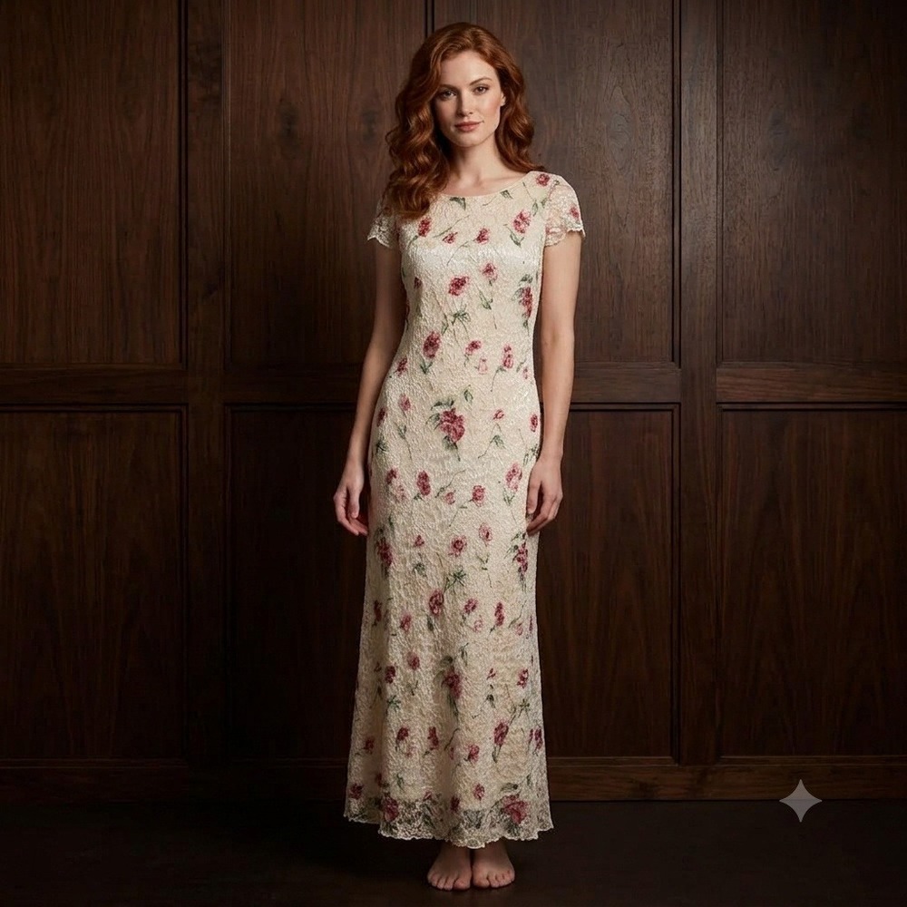 90s Ivory Shimmer Lace Floral Maxi Dress Sz 8 Coquette Cottagecore Bridal Shower